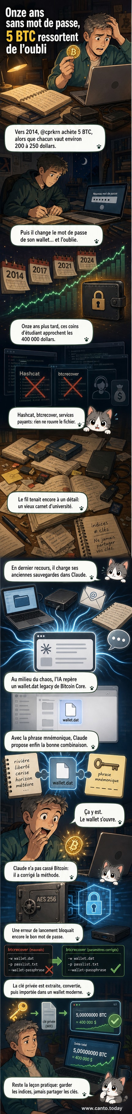 Illustration d’un homme retrouvant un vieux cahier d’étudiant, avec une clé USB et un portefeuille numérique flottant au-dessus, entouré de symboles Bitcoin et d’icônes d’intelligence artificielle.