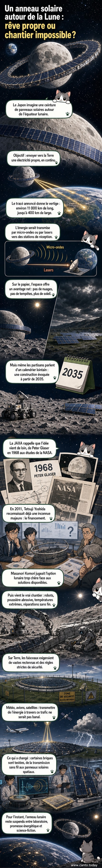 Vue d'artiste d'un anneau de panneaux solaires entourant la Lune, avec des faisceaux d'énergie dirigés vers la Terre.
