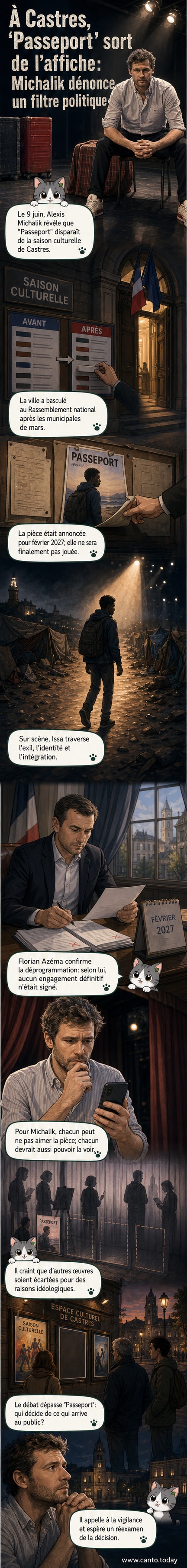 Affiche de théâtre pour la pièce « Passeport » d’Alexis Michalik, avec un fond sombre et le visage d’un jeune homme en noir et blanc, entouré de fils barbelés et de documents officiels.