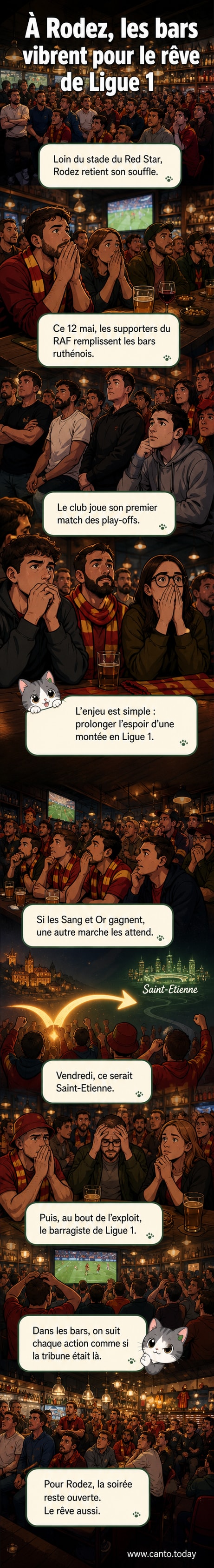 Supporters du Rodez Aveyron Football réunis dans un bar local, regardant un écran géant, dans une ambiance festive et tendue, pour suivre le match des playoffs.