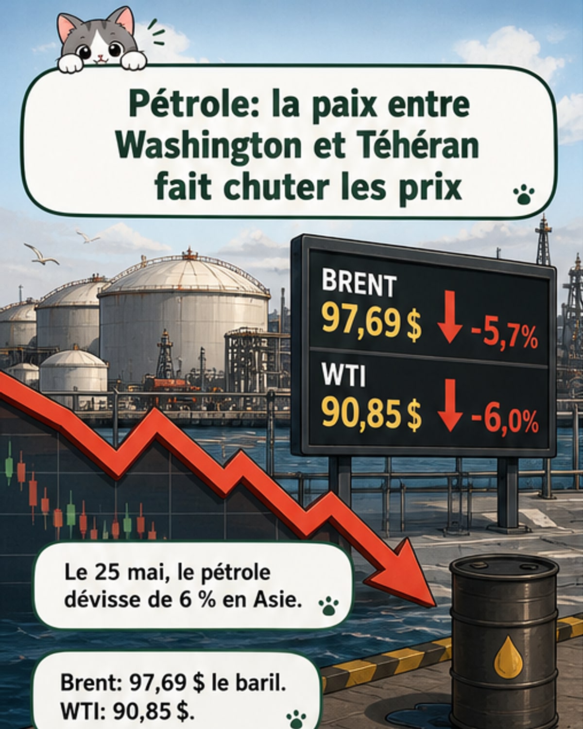 Le pétrole chute de 6 % sur un espoir d'accord