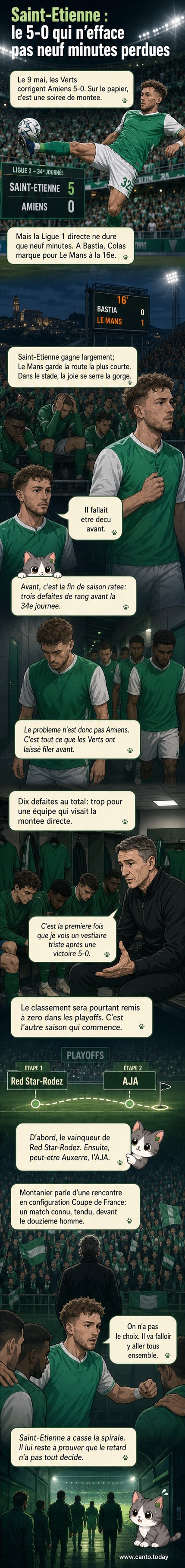 Illustration d'un stade vide avec un écran géant affichant '5-0' et un classement qui change en temps réel, symbolisant l'espoir fugace de montée de Saint-Étienne.