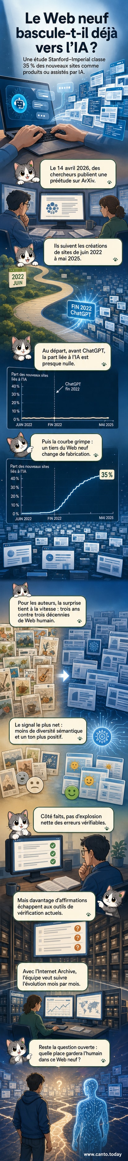 Illustration d’un monde numérique divisé entre humains et intelligence artificielle, avec des flux de données générés par IA qui envahissent une partie du web.