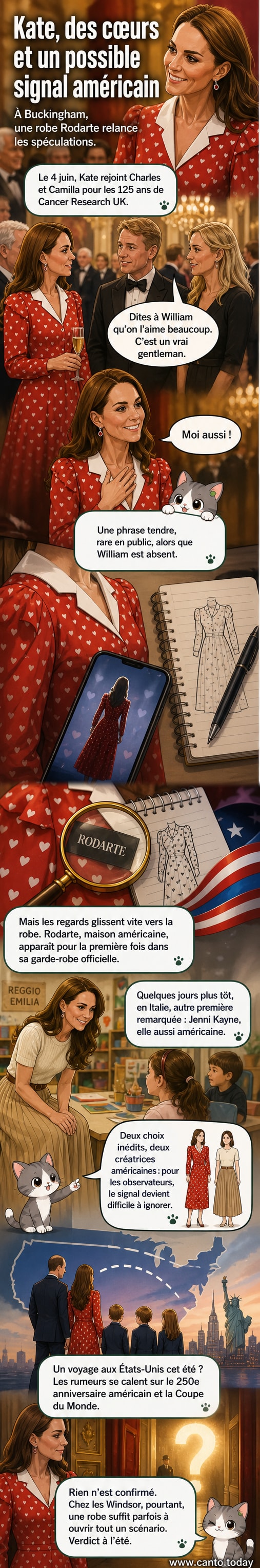 La princesse de Galles en robe à cœurs signée Rodarte lors d'une soirée officielle, entourée d'invités, avec un sourire discret.