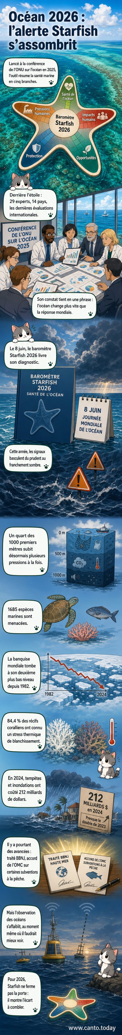 Illustration d’une étoile de mer stylisée avec cinq branches représentant les indicateurs de santé de l’océan, dont certaines en rouge pour signaler l’urgence environnementale.