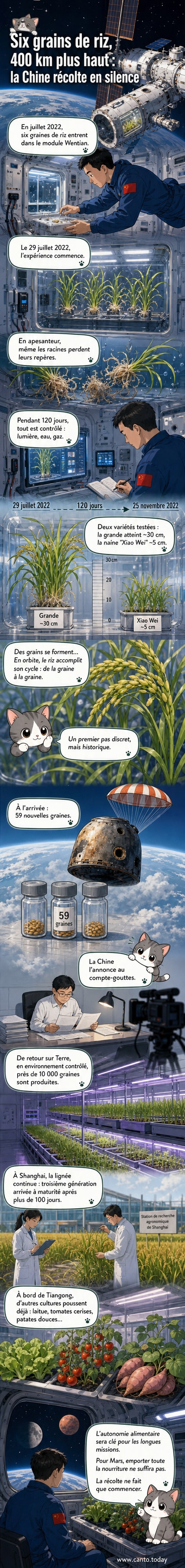 Illustration d’un champ de riz flottant dans l’espace à bord de la station Tiangong, avec des taïkonautes en combinaison spatiale surveillant les plants sous lumière artificielle.