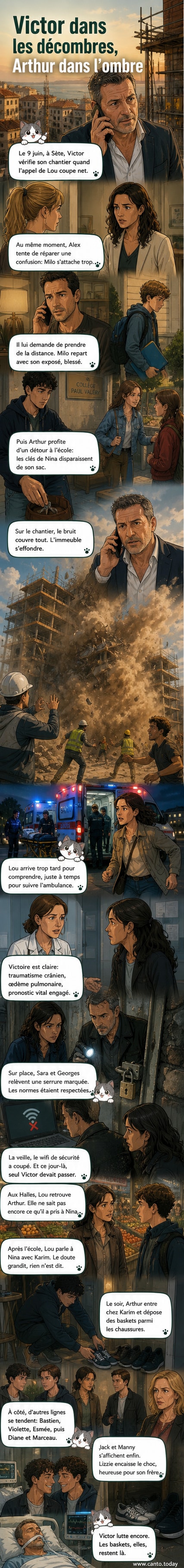 Illustration dramatique d'une scène d'explosion sur un chantier, avec Victor au sol, entouré de débris, et des pompiers arrivant en arrière-plan.