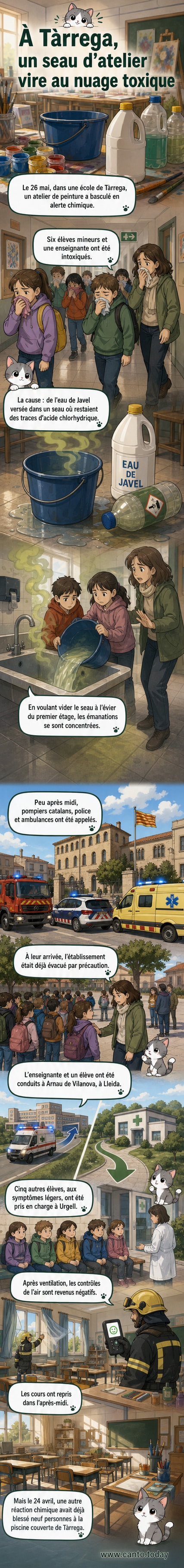 Illustration d’un nuage de gaz toxique se formant dans une salle de classe après un mélange accidentel de produits ménagers, avec des élèves et une enseignante en train de tousser.