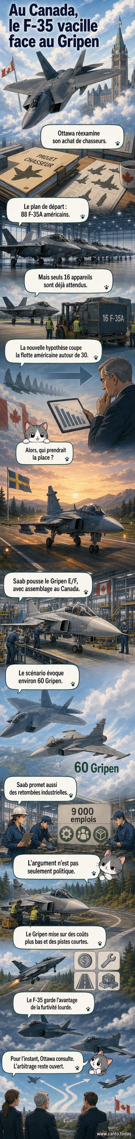 Illustration d'un avion de combat F-35 en vol face à un Gripen, avec le drapeau canadien en arrière-plan, symbolisant le choix stratégique en cours.
