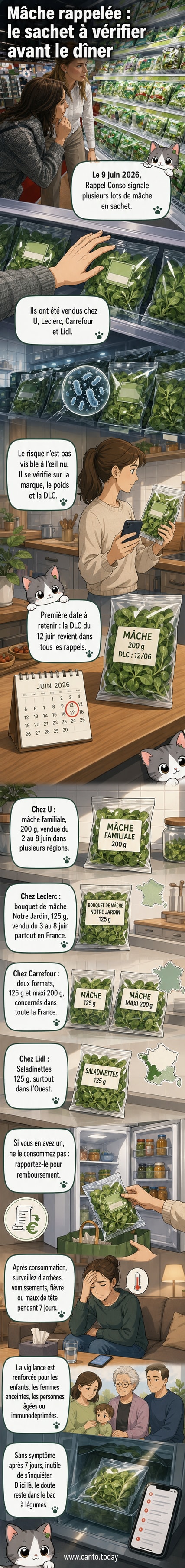 Rayon de salades en sachet dans un supermarché, avec un produit de la marque U mis en évidence dans le cadre d’un rappel pour contamination par la salmonelle.