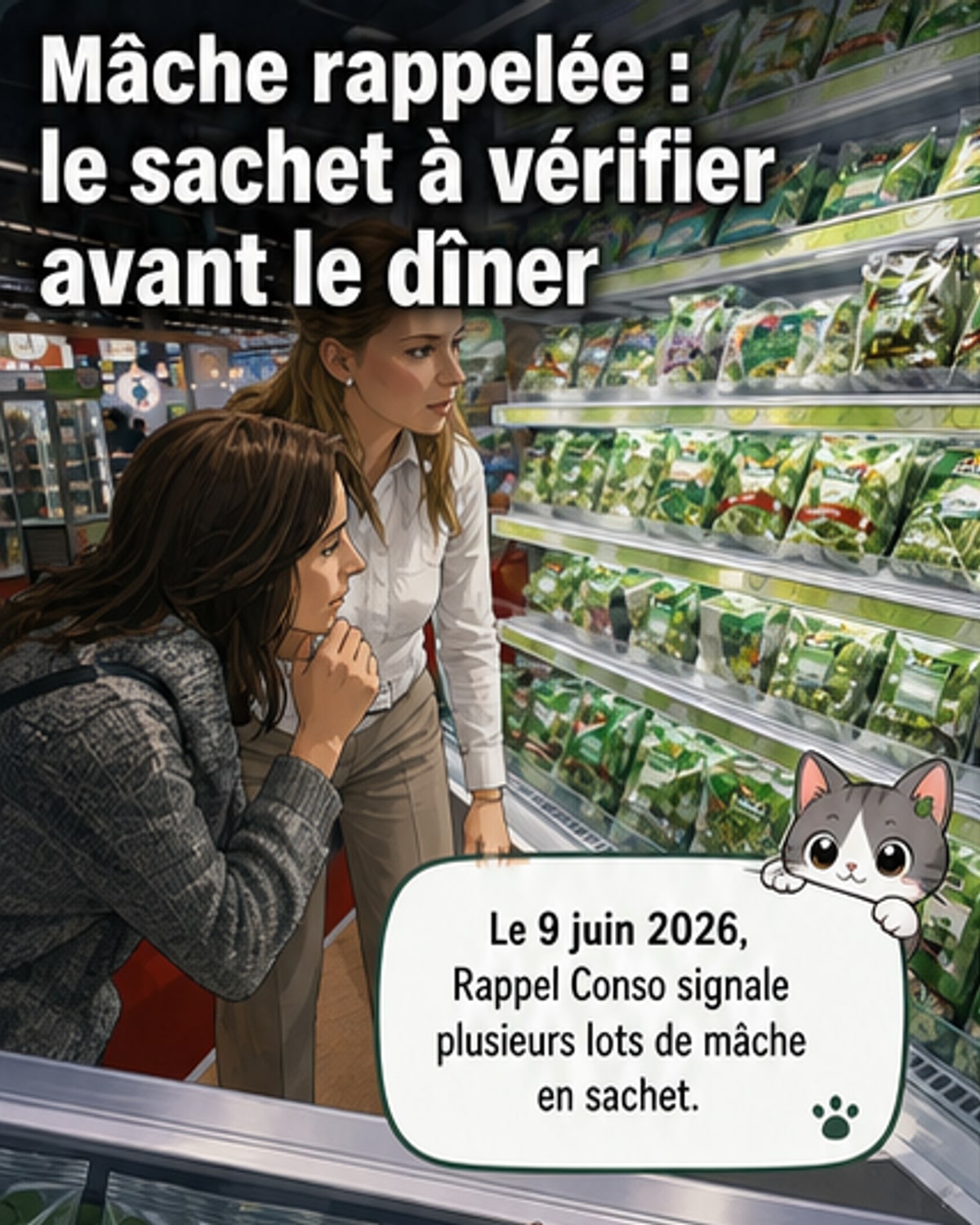 Rayon de salades en sachet dans un supermarché, avec un produit de la marque U mis en évidence dans le cadre d’un rappel pour contamination par la salmonelle.