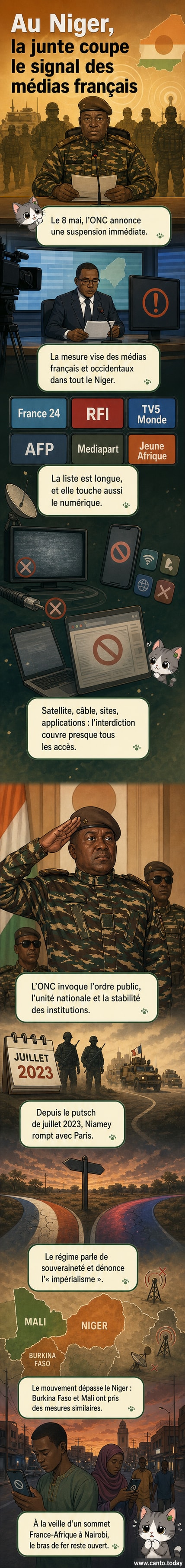 Une carte du Niger avec les logos des médias bannis affichés autour, dont France 24, RFI et TV5 Monde, sous un drapeau militaire.