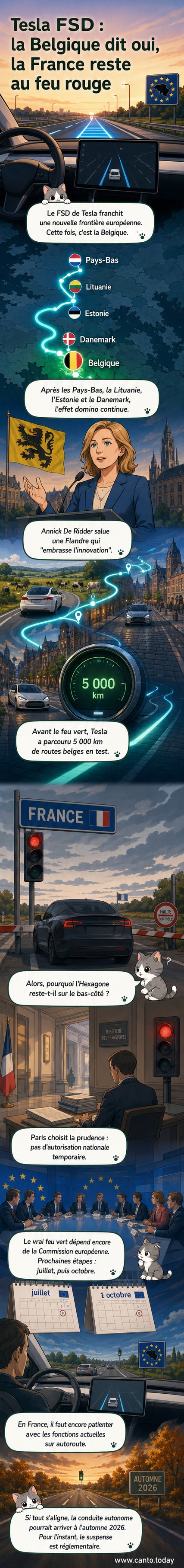 Illustration d'une Tesla roulant sur une route européenne, avec la Belgique en lumière et la France en arrière-plan floue, symbolisant le décalage d'accès au Full Self Driving.