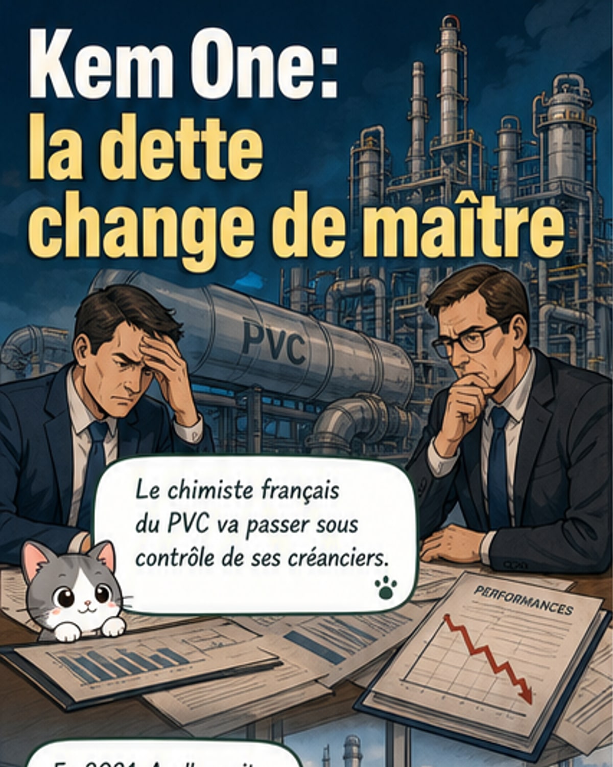 Illustration d'une usine chimique avec des tuyaux et des réservoirs, symbole du transfert de contrôle de Kem One à ses créanciers.