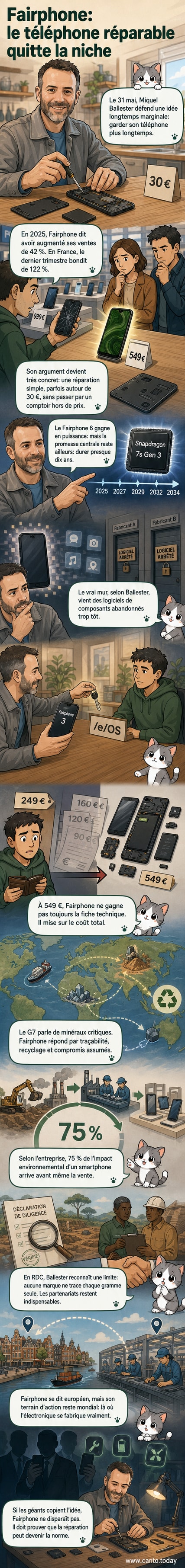 Illustration d’un Fairphone 6 ouvert sur une table de cuisine, avec des pièces détachées et un tournevis, entouré de symboles de durabilité et de réparation.