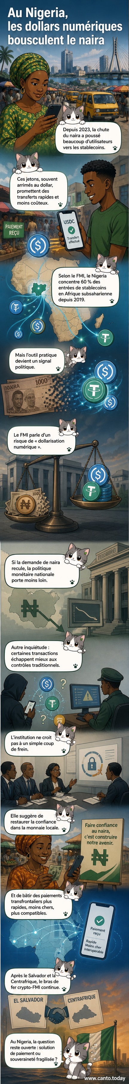 Illustration d'un téléphone mobile affichant une transaction en stablecoin au Nigeria, avec en arrière-plan un graphique montrant la chute du naira et un avertissement du FMI.