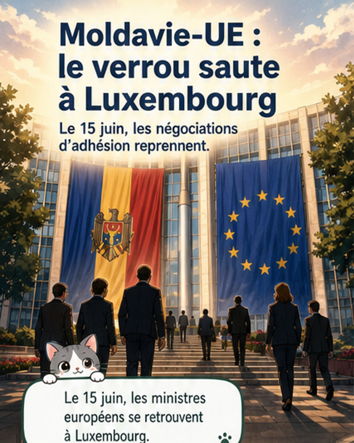 Illustration d'une réunion de ministres européens à Luxembourg, avec la drapeau de l'UE et celui de la Moldavie en arrière-plan.