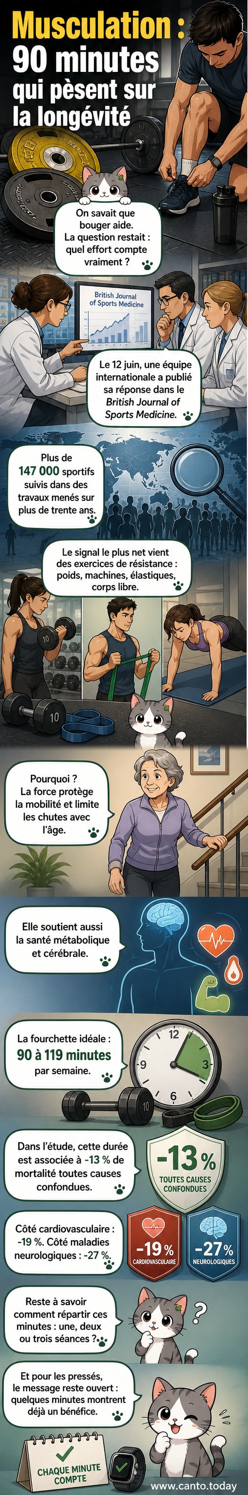 Illustration d'une personne faisant des exercices de musculation avec un chronomètre indiquant 90 minutes, entourée de symboles représentant la santé et la longévité.