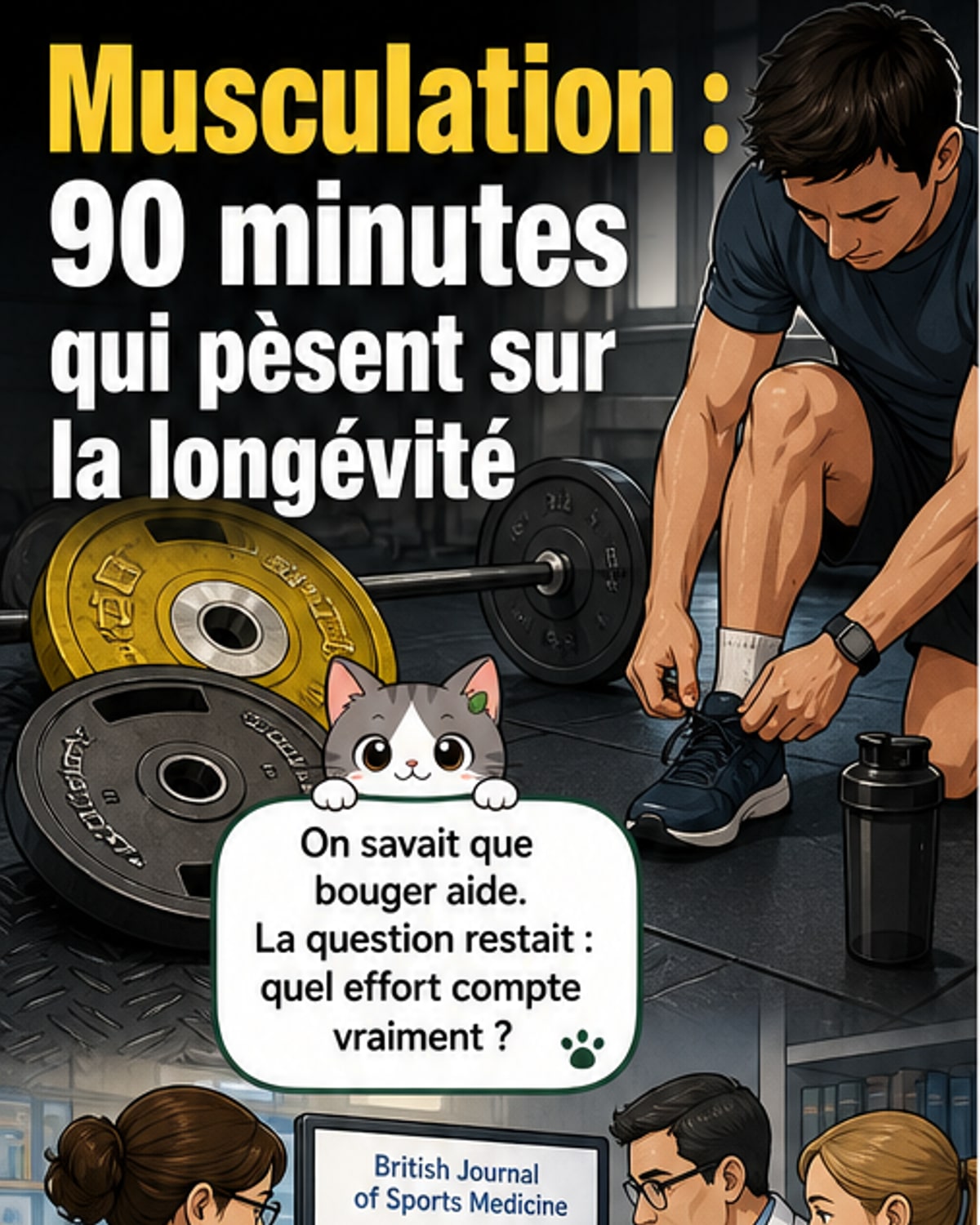 Illustration d'une personne faisant des exercices de musculation avec un chronomètre indiquant 90 minutes, entourée de symboles représentant la santé et la longévité.