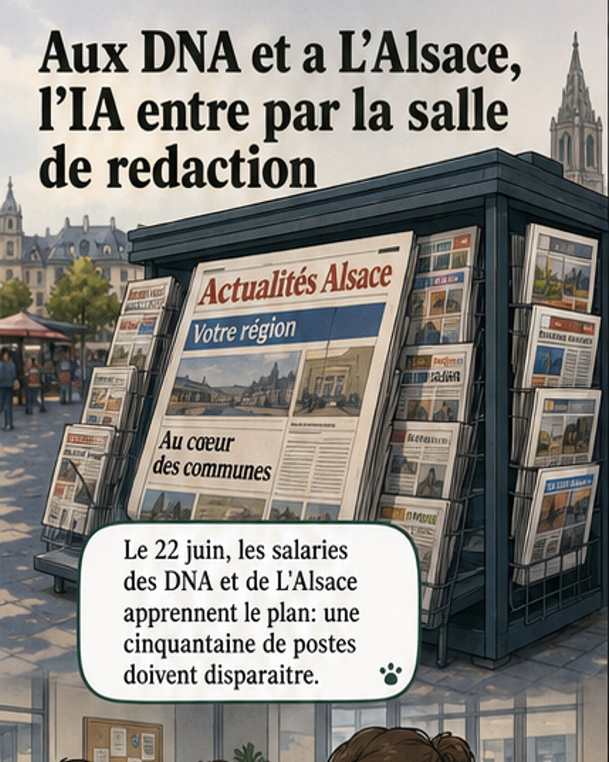 Illustration d'un journaliste face à un écran affichant des lignes de code et des symboles d'IA, symbolisant le remplacement par l'intelligence artificielle.