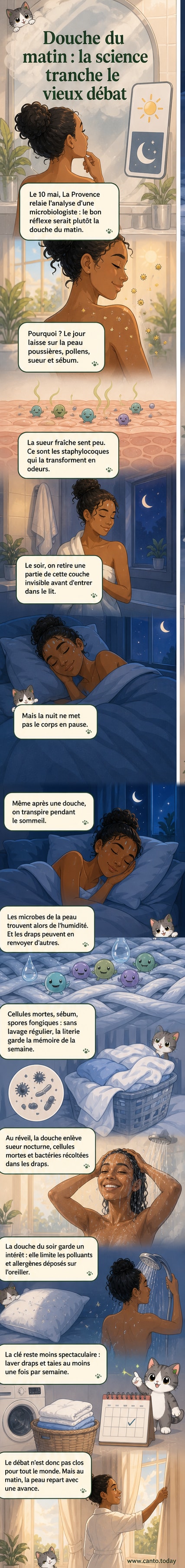 Illustration d'une personne sous la douche le matin, entourée de microbes invisibles provenant des draps de lit.
