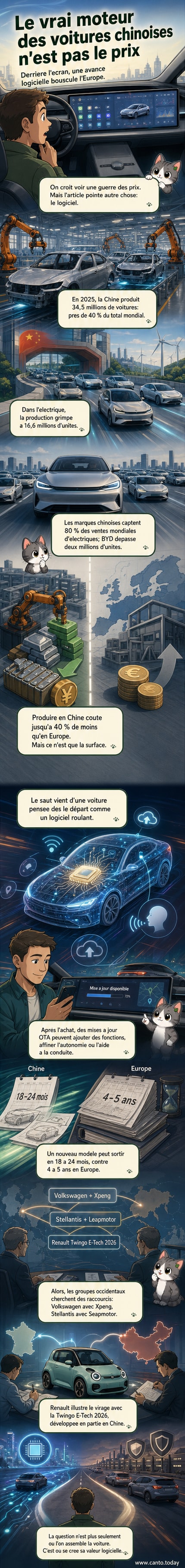 Illustration d'une voiture électrique chinoise avec des icônes de logiciels, de mises à jour et de circuits intégrés autour, symbolisant l'avantage technologique.