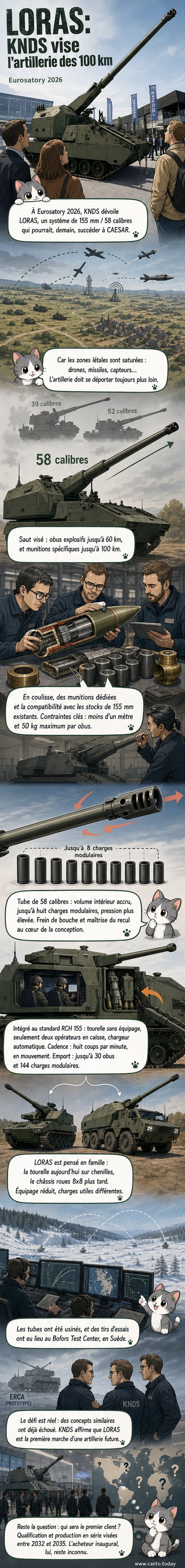 Maquette 1:1 du système d'artillerie LORAS de KNDS exposée à Eurosatory 2026, montrant un canon long de 58 calibres monté sur une tourelle.