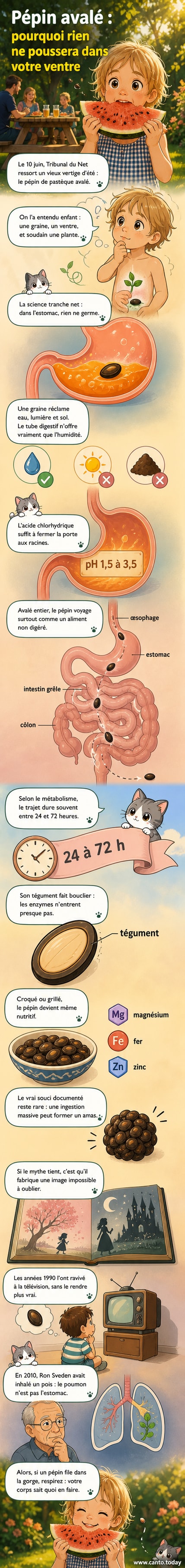 Illustration d’un enfant effrayé tenant une tranche de pastèque, avec une bulle imaginaire montrant un arbre poussant dans son ventre.