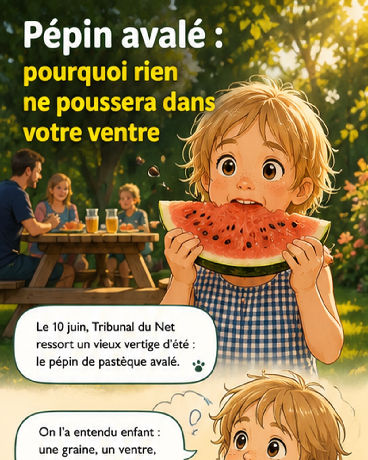 Illustration d’un enfant effrayé tenant une tranche de pastèque, avec une bulle imaginaire montrant un arbre poussant dans son ventre.
