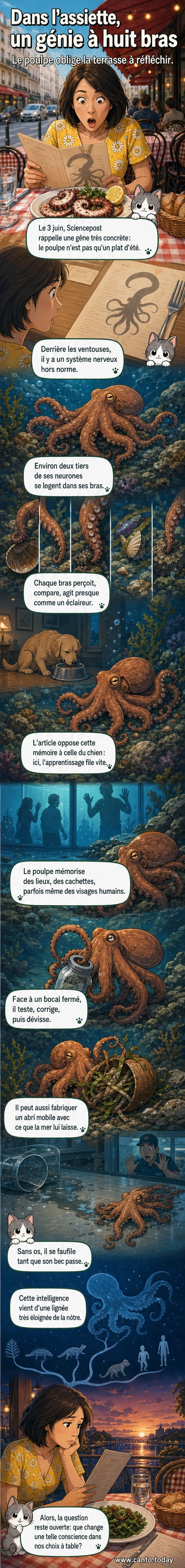 Illustration d’un poulpe aux tentacules dynamiques entouré de bulles et de symboles cérébraux, avec en arrière-plan une assiette de fruits de mer et un chien curieux.