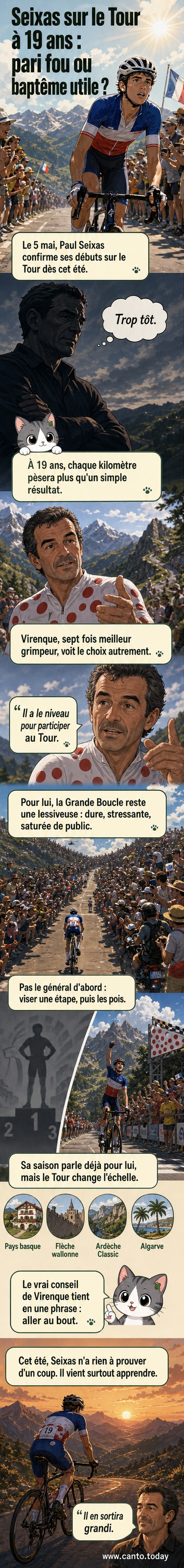 Illustration d'un jeune cycliste en maillot bleu s'élançant sur les routes du Tour de France, encadré par les silhouettes de Richard Virenque et Bernard Hinault en arrière-plan.