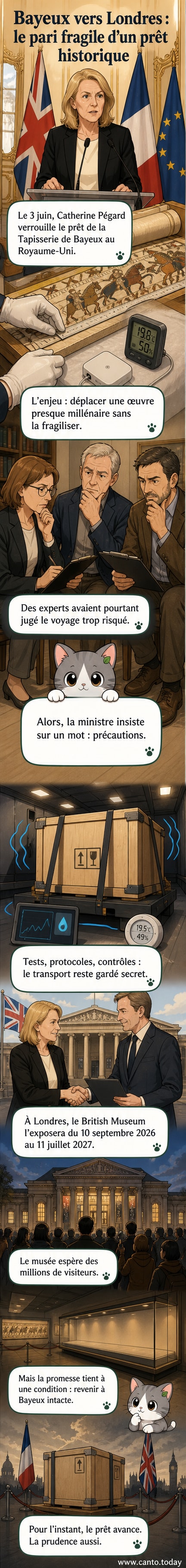 Représentation stylisée de la Tapisserie de Bayeux roulée avec soin, entourée d’experts en conservation, prête à être transportée vers le British Museum.