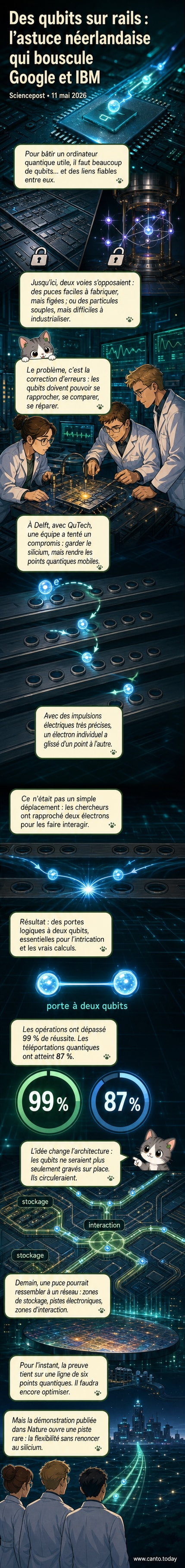 Illustration d’un réseau de circuits miniatures sur une puce en silicium, avec des électrons mobiles représentés comme des particules en mouvement le long de pistes conductrices, symbolisant la nouvelle architecture de qubits mobiles développée par des chercheurs néerlandais.