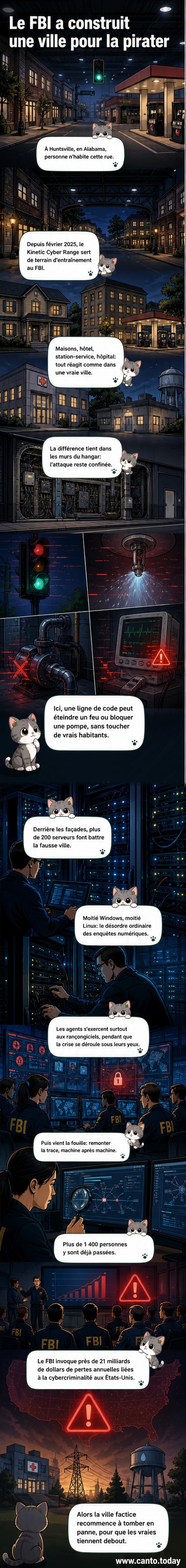 Vue d'une fausse ville américaine en intérieur, avec maisons, station-service et hôpital, éclairée artificiellement sous un grand hangar, utilisée par le FBI pour simuler des cyberattaques.