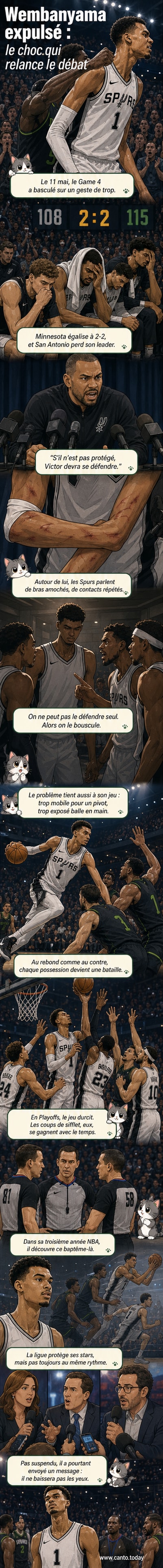 Victor Wembanyama, visage tendu, s'éloigne du terrain après avoir été exclu pour un coup de coude lors d'un match des Playoffs NBA contre les Minnesota Timberwolves.