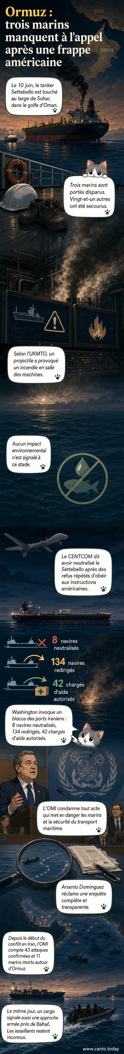 Illustration d’un tanker en feu dans le golfe d’Oman après une frappe aérienne, avec des bateaux de secours à proximité.