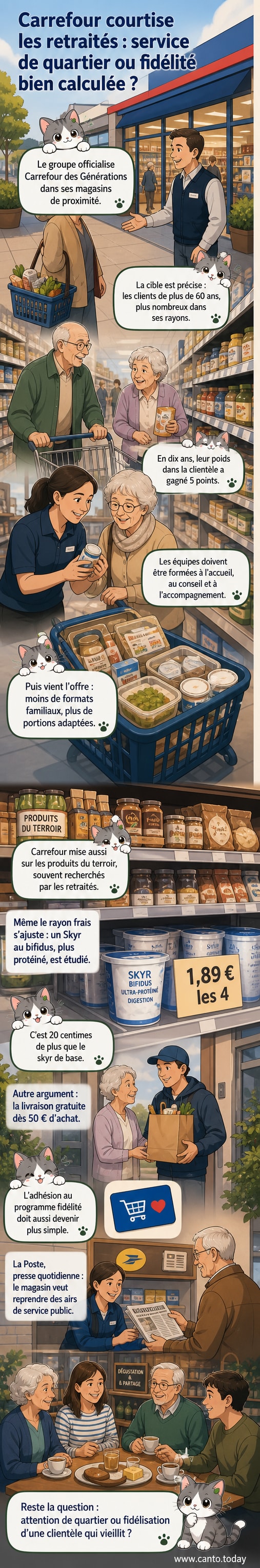 Illustration d'un magasin Carrefour avec des seniors faisant leurs courses, entourés de produits en petites portions et d'animations conviviales.