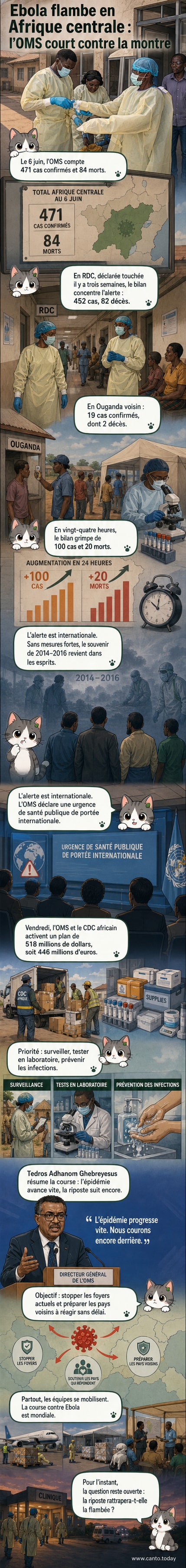 Illustration d'une carte de l'Afrique centrale avec des points rouges indiquant les foyers d'Ebola, entourée de silhouettes médicales en action et d'icônes de protection sanitaire.