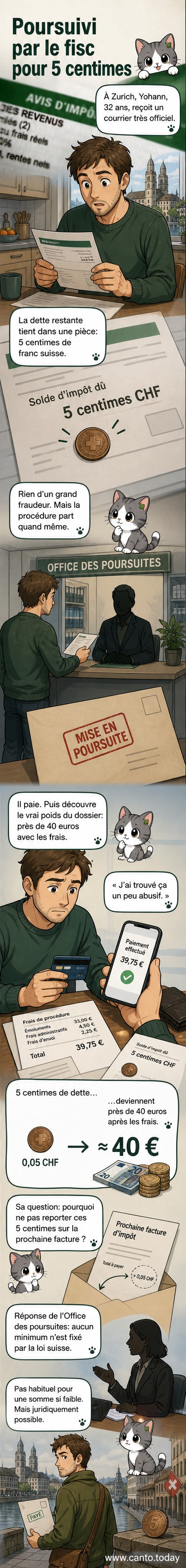 Illustration d'une pièce de 5 centimes entourée de documents administratifs et de timbres fiscaux, symbolisant une dette minime avec des frais disproportionnés.