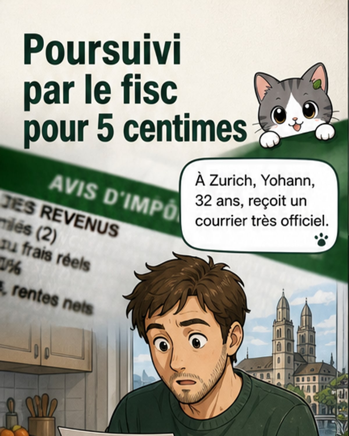 Illustration d'une pièce de 5 centimes entourée de documents administratifs et de timbres fiscaux, symbolisant une dette minime avec des frais disproportionnés.