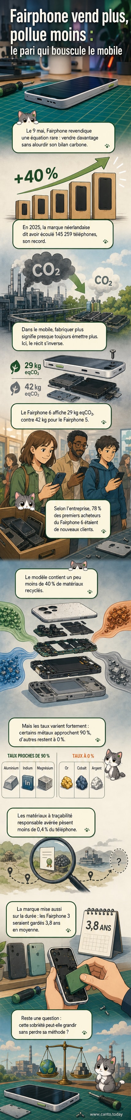 Illustration d’un smartphone Fairphone 6 avec des icônes montrant des flèches vertes indiquant une augmentation des ventes et une diminution de l’empreinte carbone.
