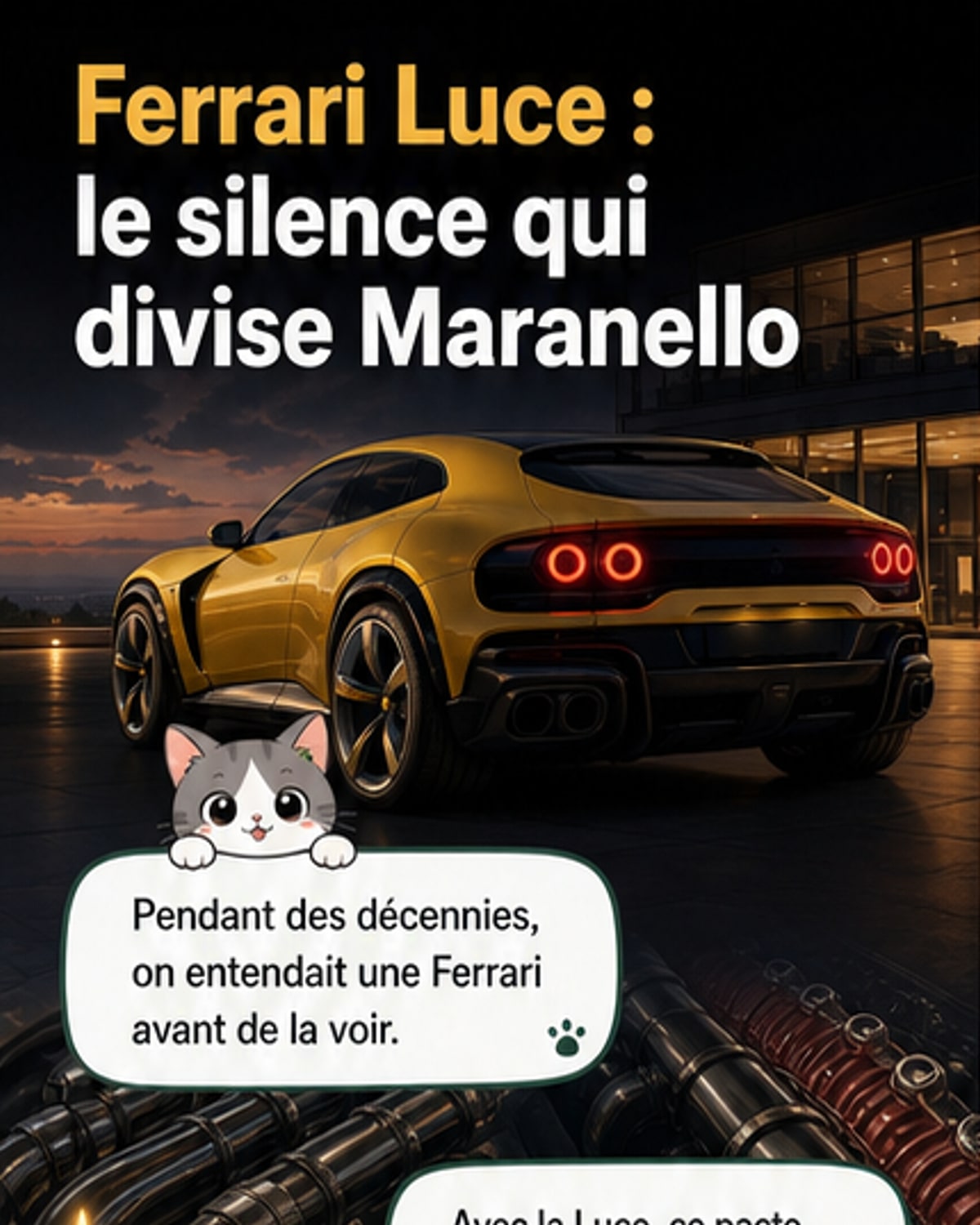 Vue de face et de trois quarts arrière de la Ferrari Luce, une berline GT électrique au design futuriste avec signature lumineuse arrière distinctive, sur fond d'atelier de Maranello.