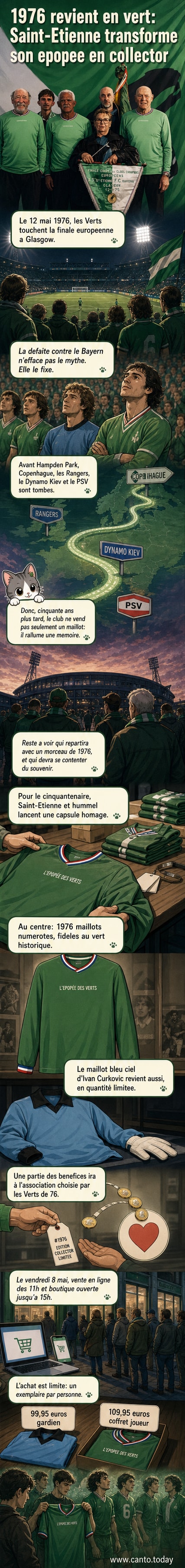 Réédition du maillot vert de l'AS Saint-Étienne 1976 avec broderie « L'Épopée des Verts » et liserés tricolores, posé sur un fond noir avec le logo hummel.