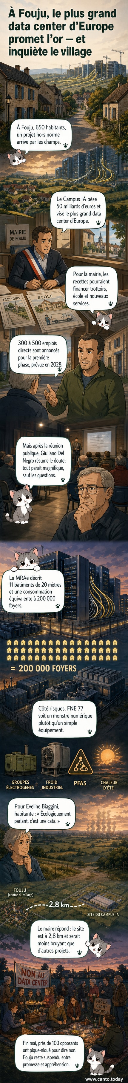Vue d'artiste d'un vaste complexe technologique entouré de champs, avec des bâtiments modernes et des panneaux solaires, contrastant avec un village rural au loin.