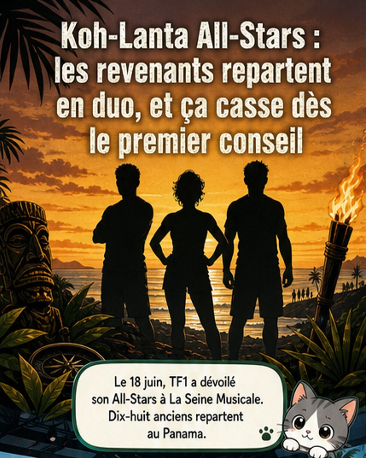 Affiche officielle de Koh-Lanta All Stars 2026 avec les 18 candidats, dont Freddy, Clémentine et Ugo, posant dans un décor tropical au Panama.