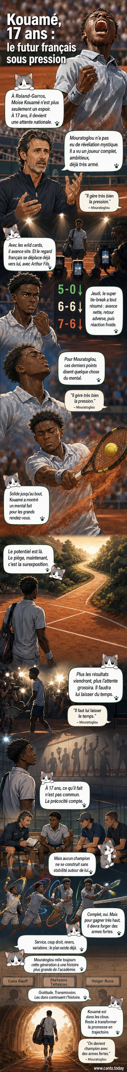 Illustration d'un jeune tennisman français en pleine action sur terre battue, regard déterminé, tenant fermement sa raquette, avec le logo de Roland-Garros en arrière-plan.