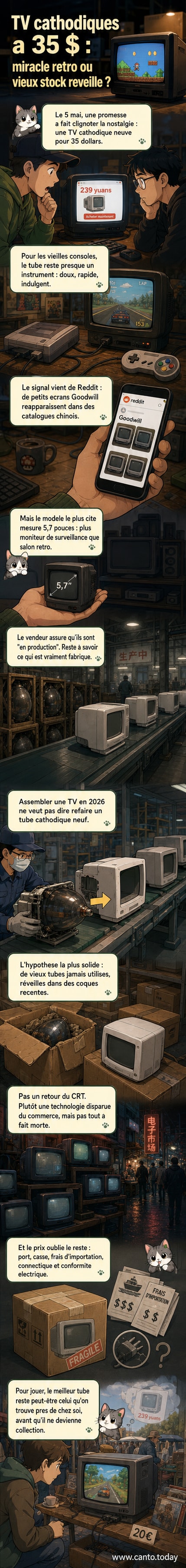 Illustration d'un petit téléviseur cathodique CRT posé sur une étagère, entouré de vieilles consoles rétro comme une Super Nintendo et une PlayStation, avec un fond rappelant les années 90.