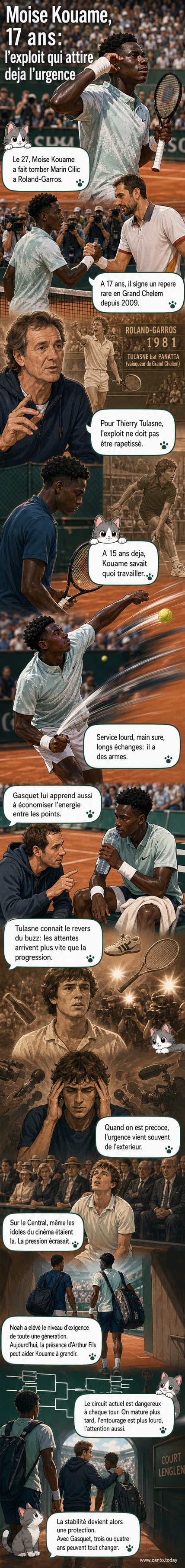 Illustration d'un jeune joueur de tennis français, Moïse Kouamé, en pleine action sur terre battue à Roland-Garros, sous les regards de Thierry Tulasne et Richard Gasquet.