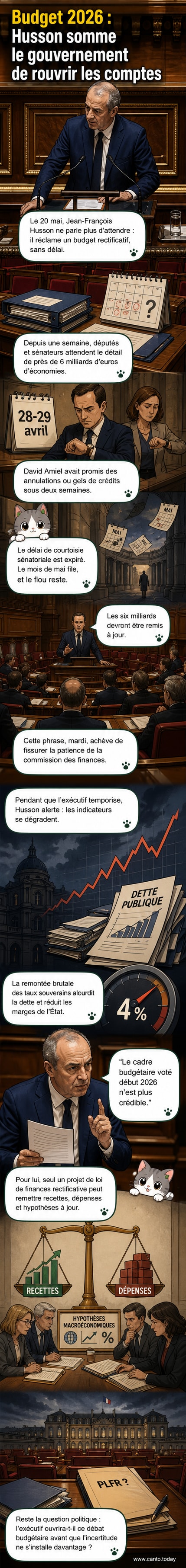 Illustration d’un sénateur présentant un document budgétaire devant une salle parlementaire, avec des graphiques montrant une courbe de taux en hausse.