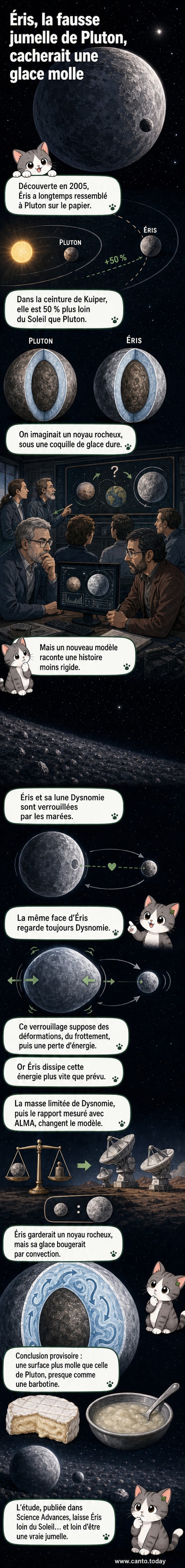 Vue d'artiste d'Éris et de sa lune Dysnomie, avec une surface texturée évoquant du fromage à pâte molle, entourée d'autres objets transneptuniens à l'échelle.